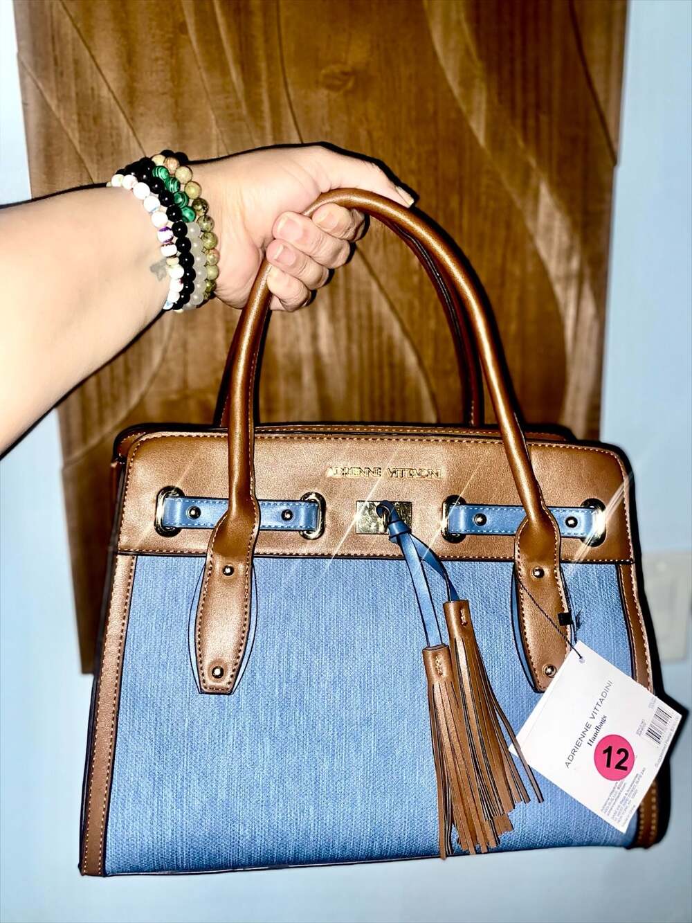 Adrienne Vittadini Denim and Brown Faux Leather Satchel Handbag with Tassel